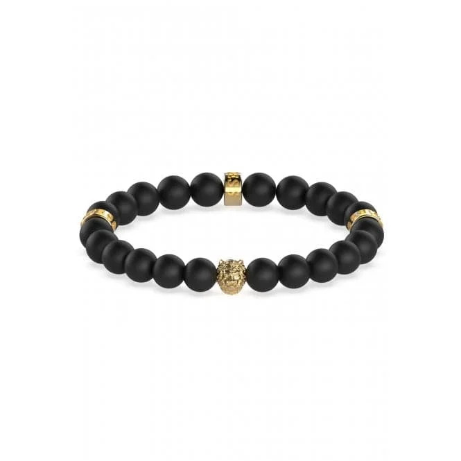 Multi-bead bangles-Mens Gold-tone Plated Black Beads 12mm Lion Detail Bracelet UMB01303YG