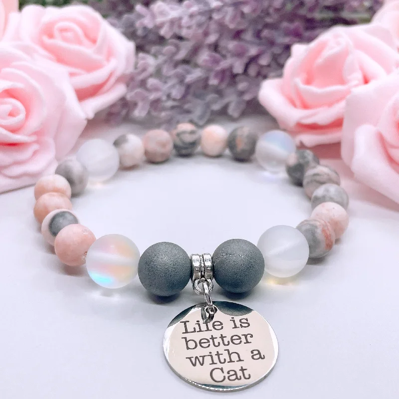 Silk wrap bracelets-Life is Better with a Cat Classic Charm Bracelet Druzy