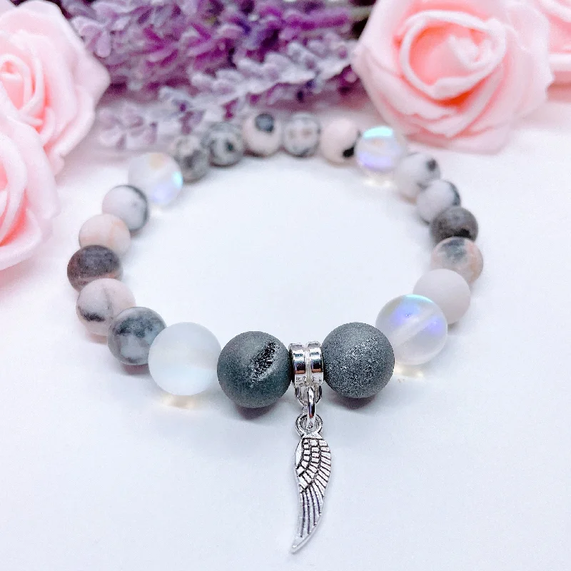 Raven feather bracelets-Angel Wing Classic Charm Bracelet Druzy