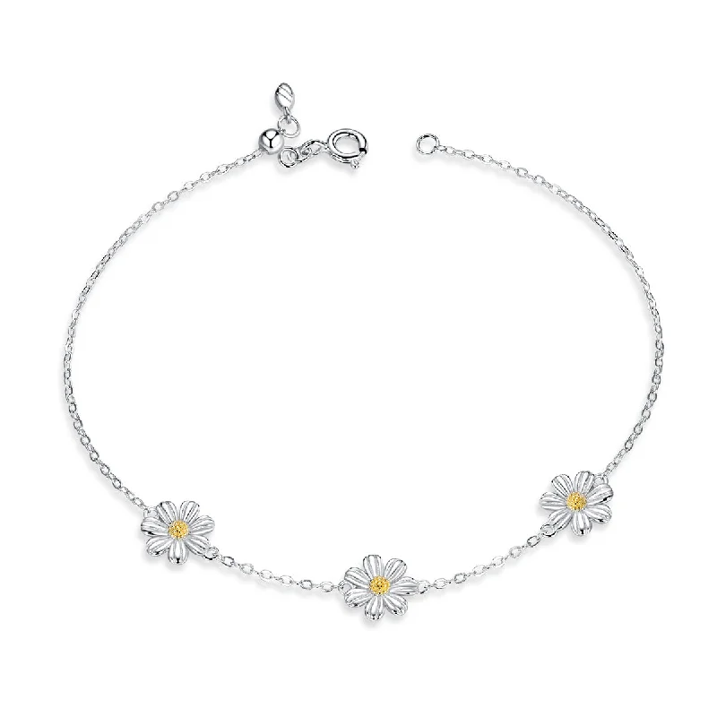 Nightfall gothic bracelets-Triple Daisy Delight Station Bracelet Sterling Silver